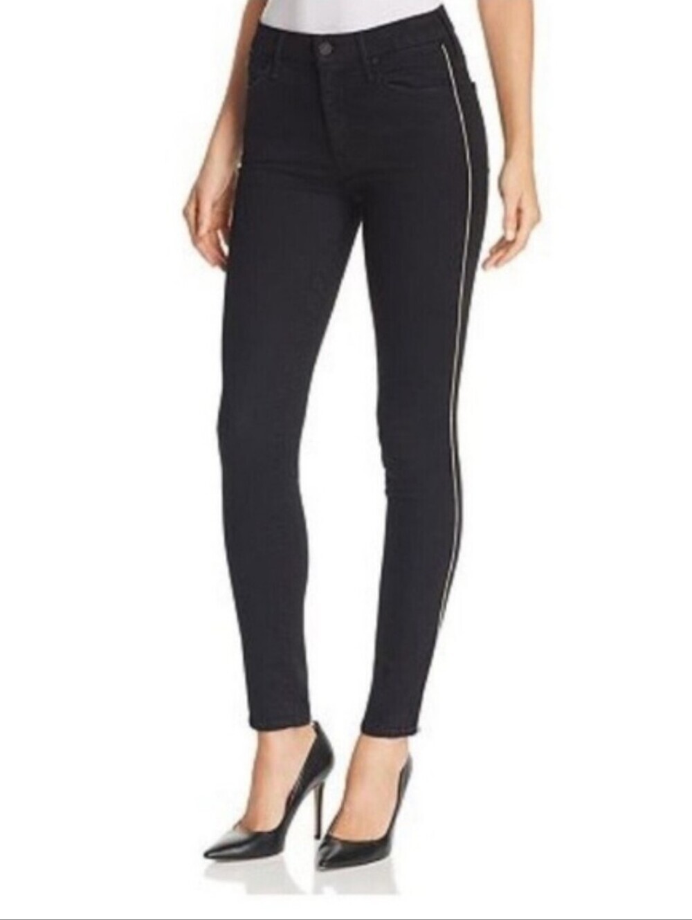 Mother High Waisted Looker Not Guilty One Liner Black With Gold Trim Jeans.